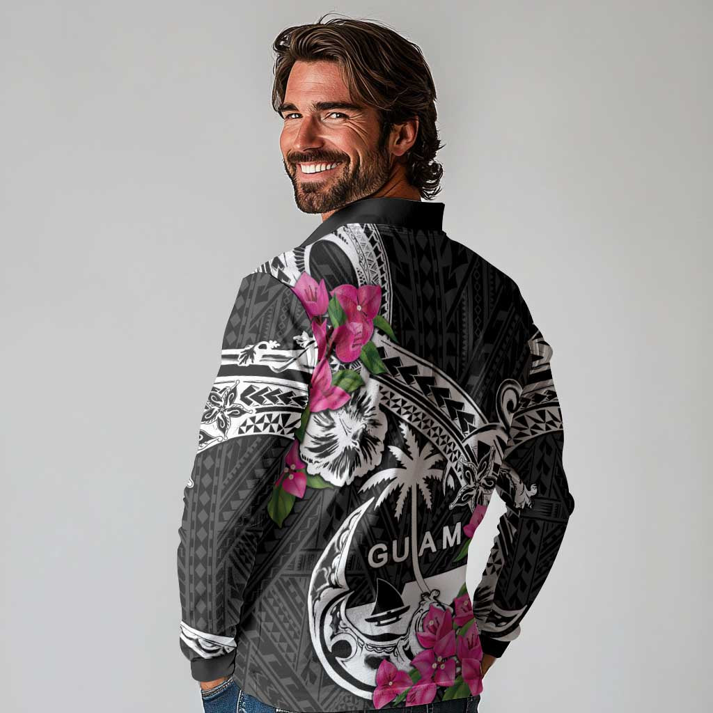 Guam Chamorro Long Sleeve Polo Shirt Bougainvillea Black Polynesian Tribal Pattern LT05 - Polynesian Pride