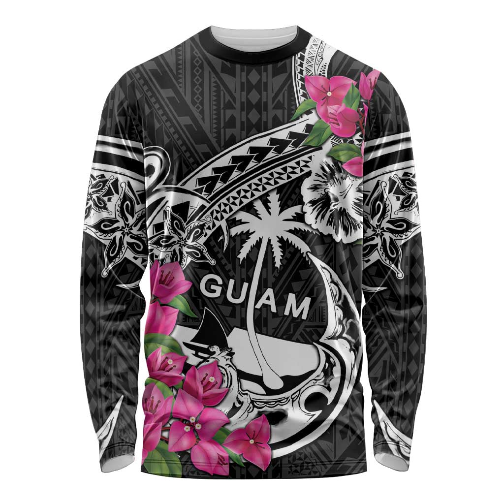 Guam Chamorro Long Sleeve Shirt Bougainvillea Black Polynesian Tribal Pattern LT05 Unisex Black - Polynesian Pride