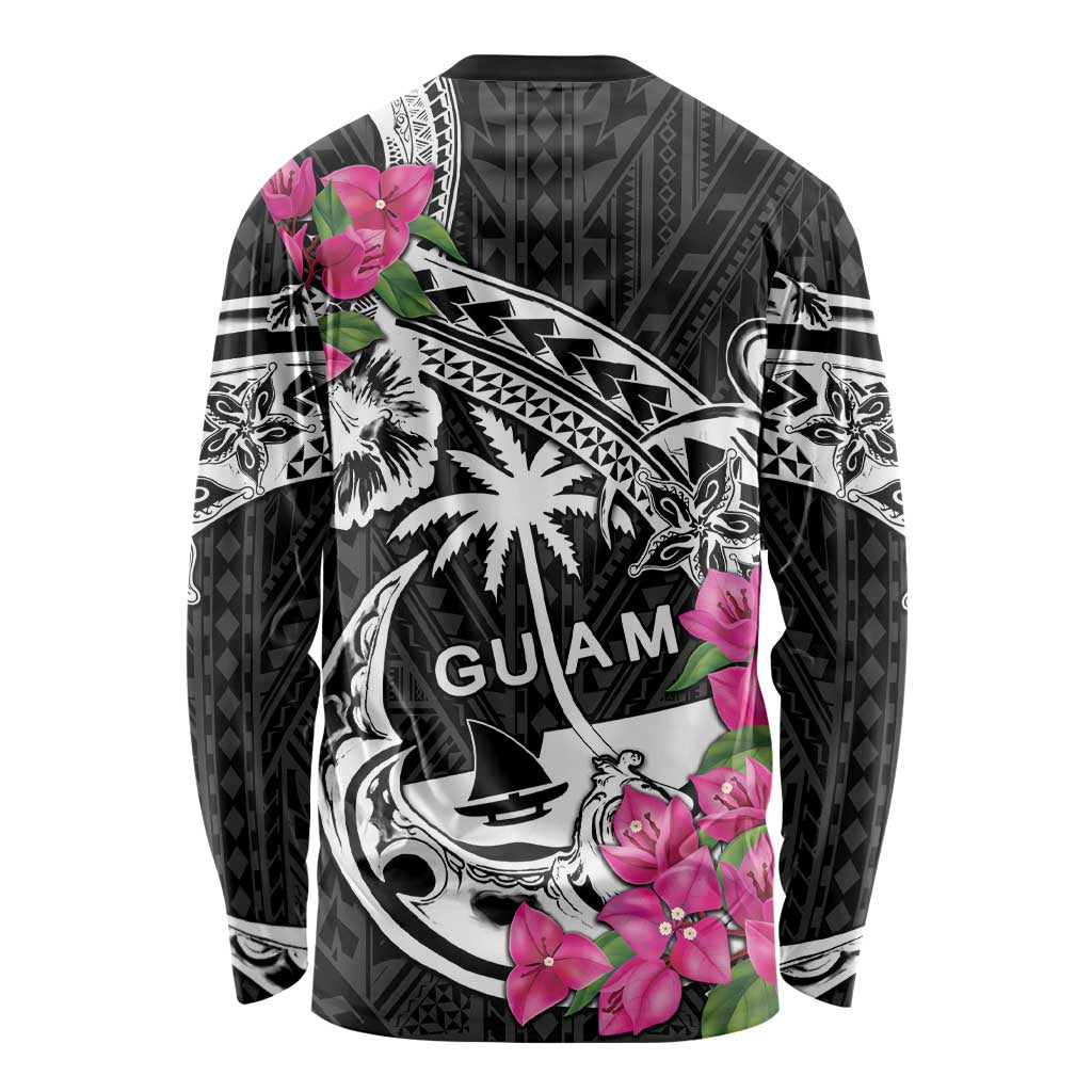 Guam Chamorro Long Sleeve Shirt Bougainvillea Black Polynesian Tribal Pattern LT05 - Polynesian Pride