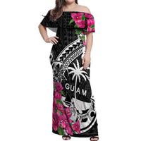 Guam Chamorro Off Shoulder Maxi Dress Bougainvillea Black Polynesian Tribal Pattern