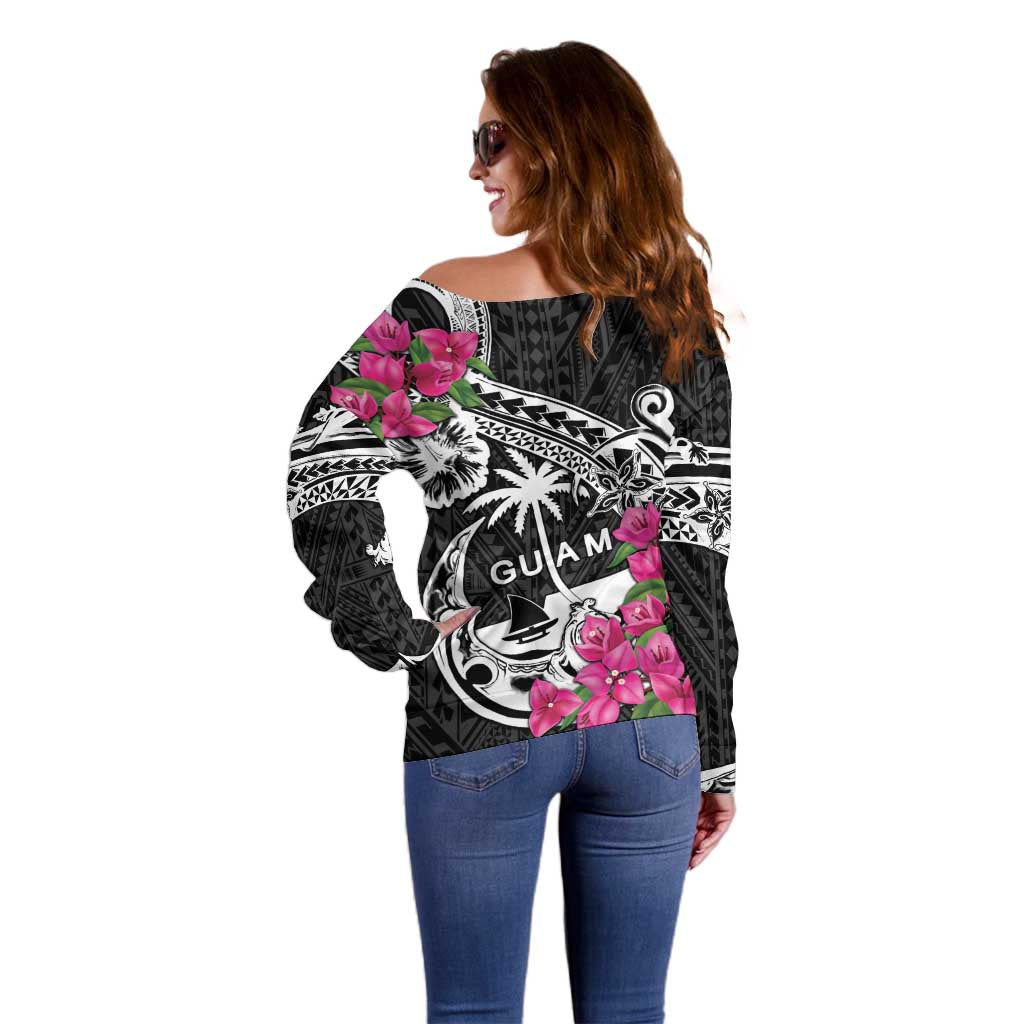Guam Chamorro Off Shoulder Sweater Bougainvillea Black Polynesian Tribal Pattern