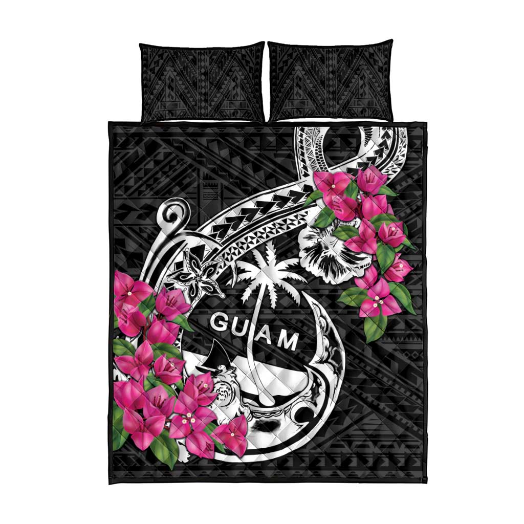 Guam Chamorro Quilt Bed Set Bougainvillea Black Polynesian Tribal Pattern LT05 - Polynesian Pride