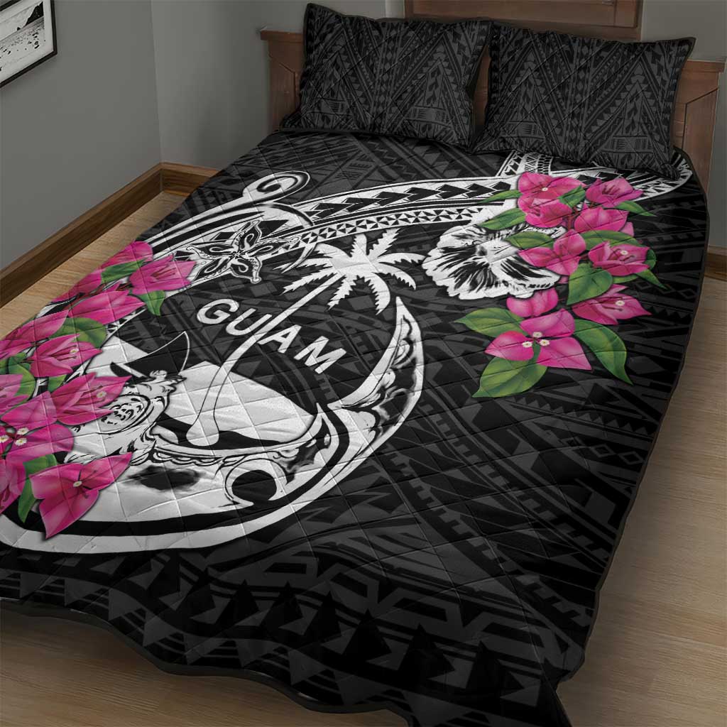 Guam Chamorro Quilt Bed Set Bougainvillea Black Polynesian Tribal Pattern LT05 - Polynesian Pride