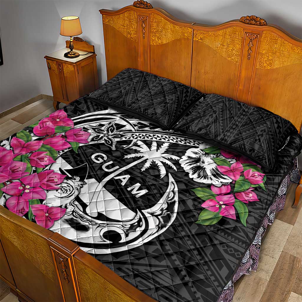Guam Chamorro Quilt Bed Set Bougainvillea Black Polynesian Tribal Pattern LT05 - Polynesian Pride