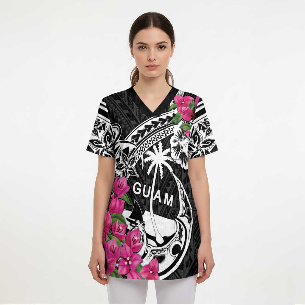Guam Chamorro Scrub Top Bougainvillea Black Polynesian Tribal Pattern LT05 - Polynesian Pride