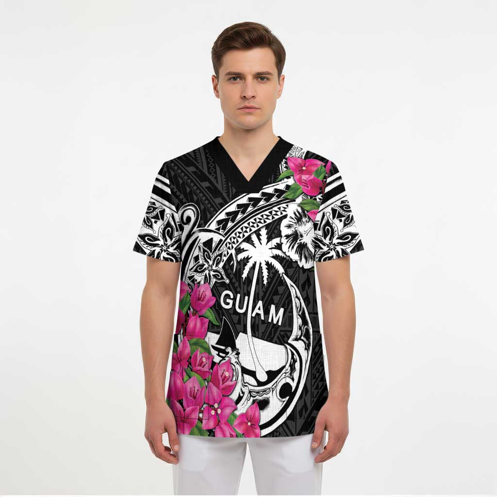 Guam Chamorro Scrub Top Bougainvillea Black Polynesian Tribal Pattern LT05 - Polynesian Pride