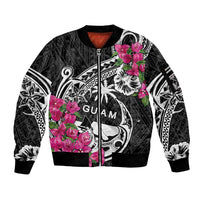 Guam Chamorro Sleeve Zip Bomber Jacket Bougainvillea Black Polynesian Tribal Pattern