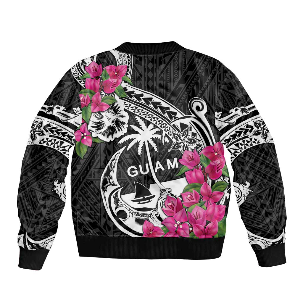 Guam Chamorro Sleeve Zip Bomber Jacket Bougainvillea Black Polynesian Tribal Pattern