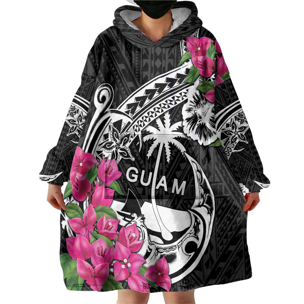 Guam Chamorro Wearable Blanket Hoodie Bougainvillea Black Polynesian Tribal Pattern LT05 - Polynesian Pride