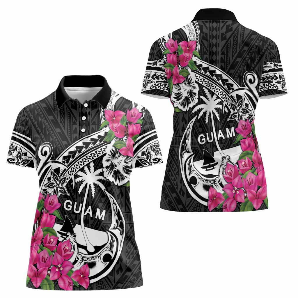 Guam Chamorro Women Polo Shirt Bougainvillea Black Polynesian Tribal Pattern