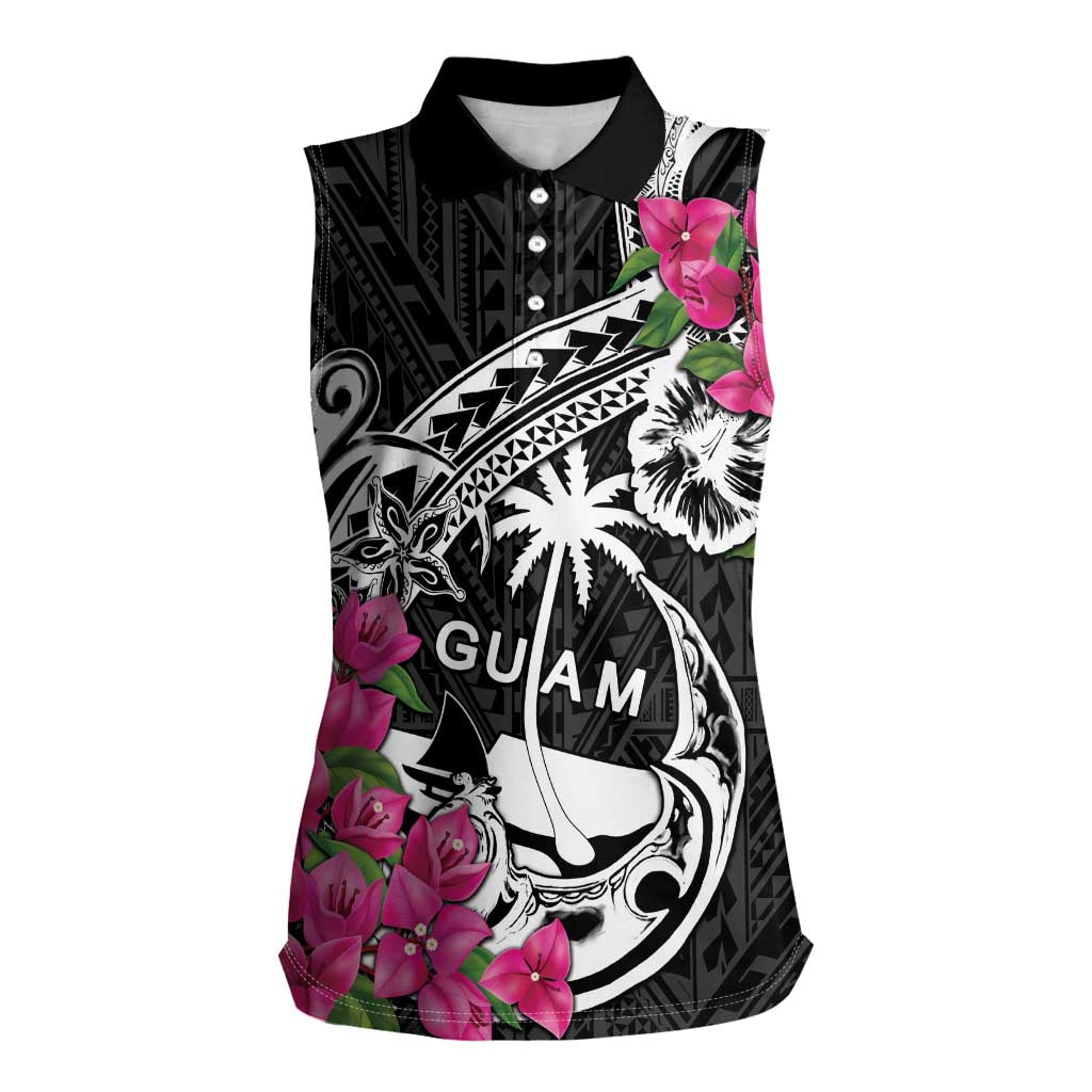 Guam Chamorro Women Sleeveless Polo Shirt Bougainvillea Black Polynesian Tribal Pattern LT05 Female Black - Polynesian Pride