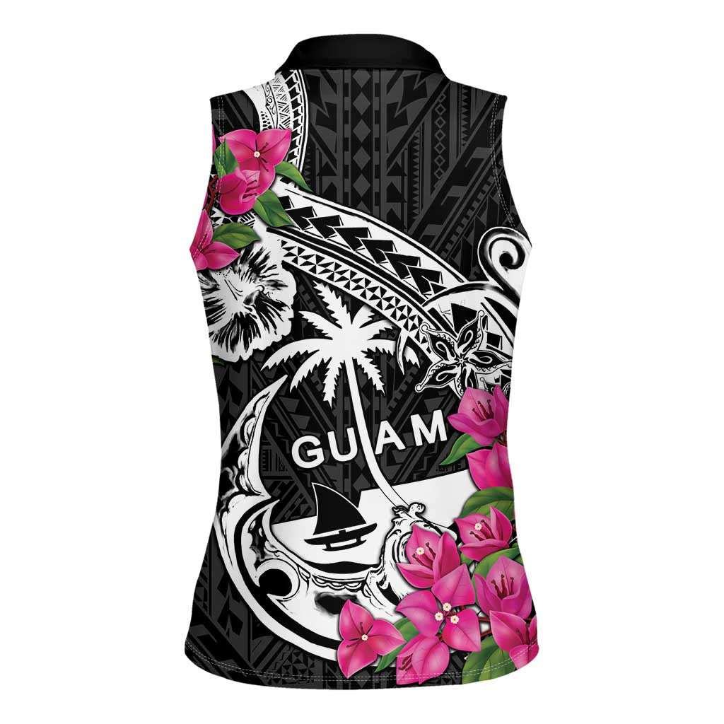 Guam Chamorro Women Sleeveless Polo Shirt Bougainvillea Black Polynesian Tribal Pattern LT05 - Polynesian Pride