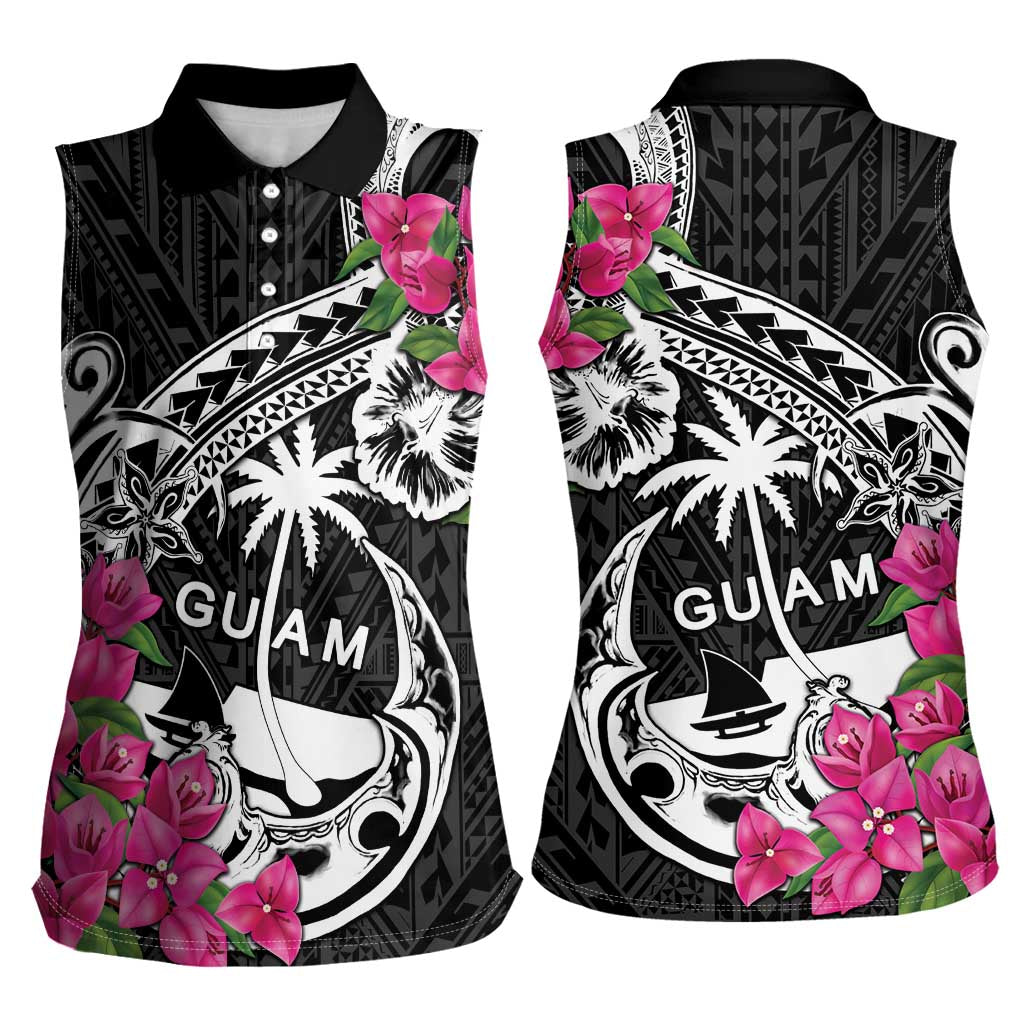 Guam Chamorro Women Sleeveless Polo Shirt Bougainvillea Black Polynesian Tribal Pattern LT05 - Polynesian Pride