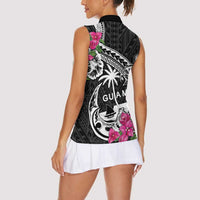 Guam Chamorro Women Sleeveless Polo Shirt Bougainvillea Black Polynesian Tribal Pattern LT05 - Polynesian Pride