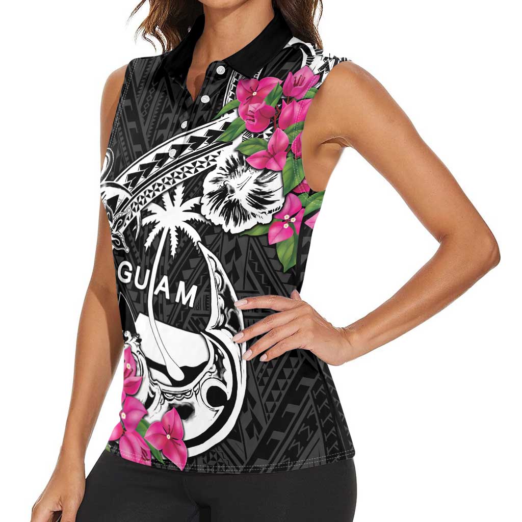 Guam Chamorro Women Sleeveless Polo Shirt Bougainvillea Black Polynesian Tribal Pattern LT05 - Polynesian Pride