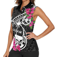 Guam Chamorro Women Sleeveless Polo Shirt Bougainvillea Black Polynesian Tribal Pattern LT05 - Polynesian Pride