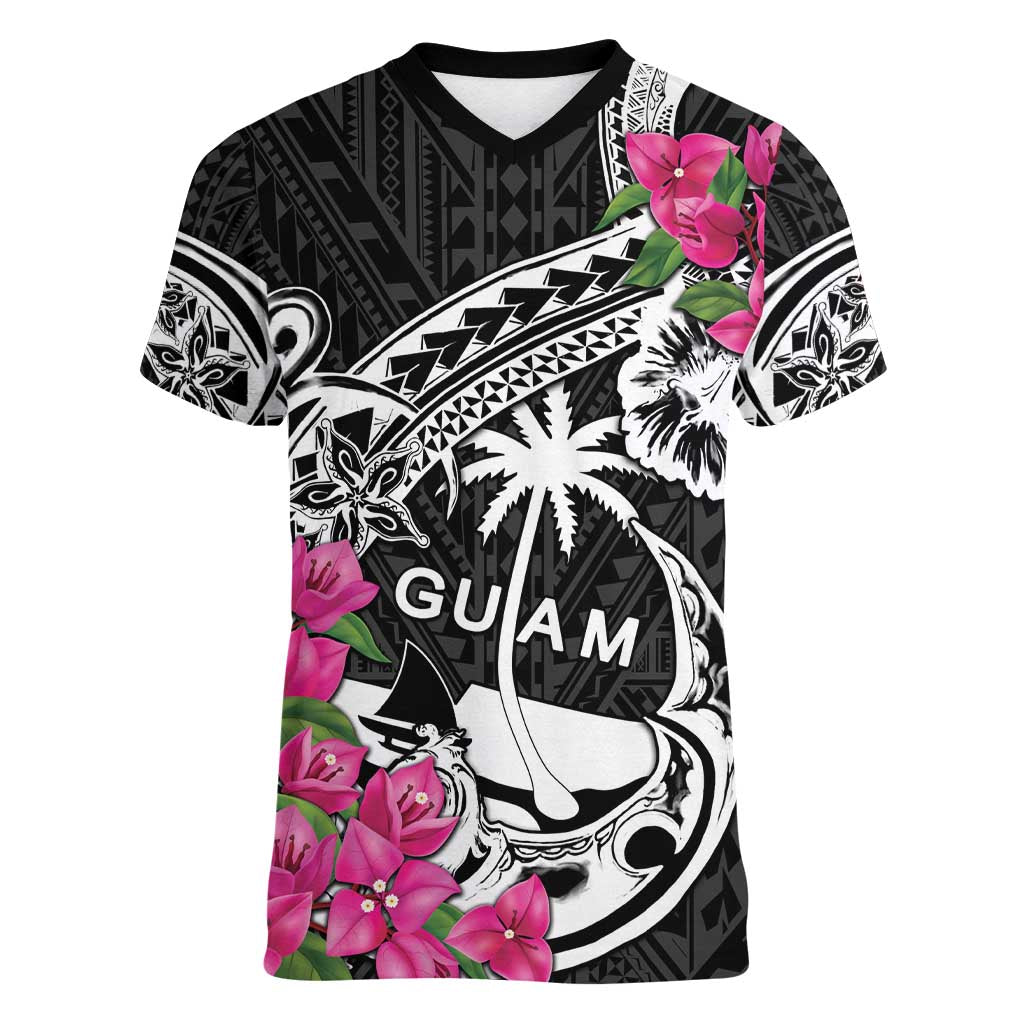 Guam Chamorro Women V-Neck T-Shirt Bougainvillea Black Polynesian Tribal Pattern LT05 Female Black - Polynesian Pride