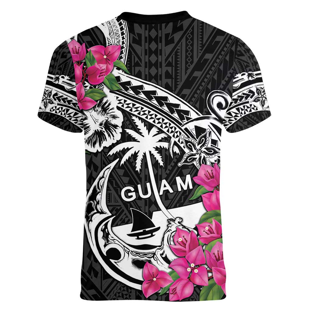 Guam Chamorro Women V-Neck T-Shirt Bougainvillea Black Polynesian Tribal Pattern LT05 - Polynesian Pride