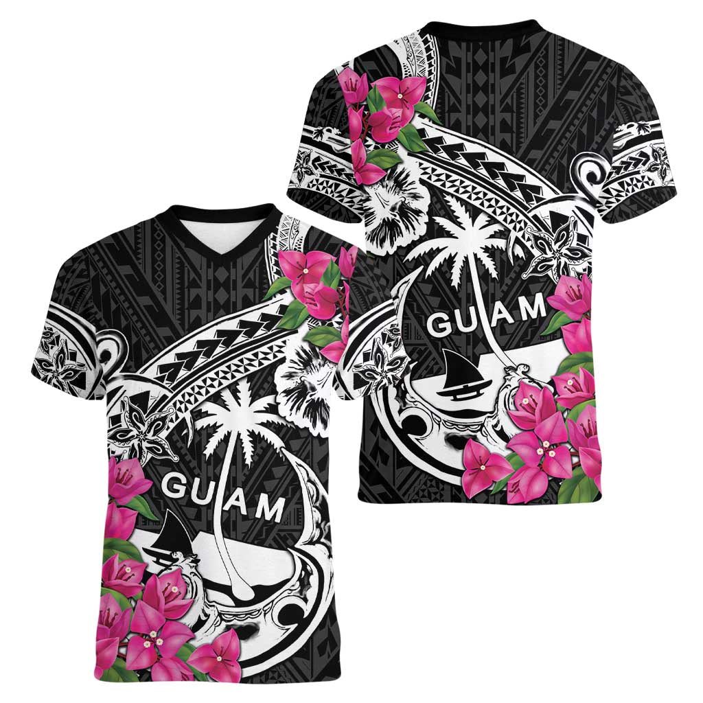 Guam Chamorro Women V-Neck T-Shirt Bougainvillea Black Polynesian Tribal Pattern LT05 - Polynesian Pride