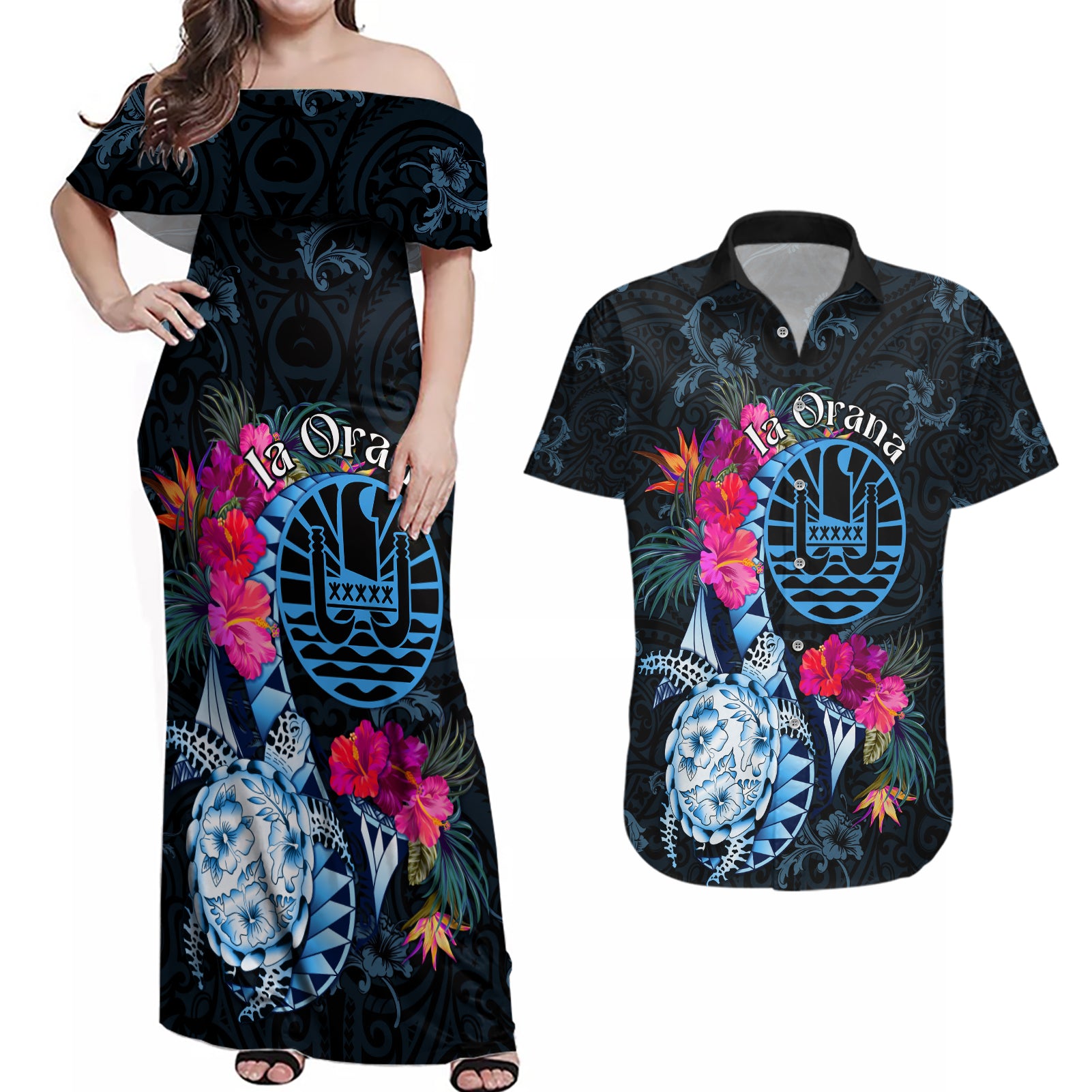 Tahiti Ia Orana Couples Matching Off Shoulder Maxi Dress and Hawaiian Shirt Polynesian Turtle With Coat Of Arms LT05 Blue - Polynesian Pride