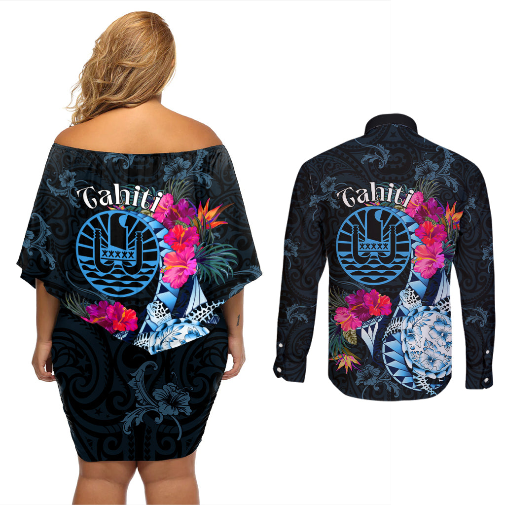 Tahiti Ia Orana Couples Matching Off Shoulder Short Dress and Long Sleeve Button Shirt Polynesian Turtle With Coat Of Arms LT05 - Polynesian Pride