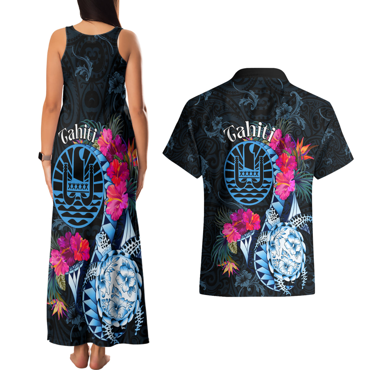 Tahiti Ia Orana Couples Matching Tank Maxi Dress and Hawaiian Shirt Polynesian Turtle With Coat Of Arms LT05 - Polynesian Pride