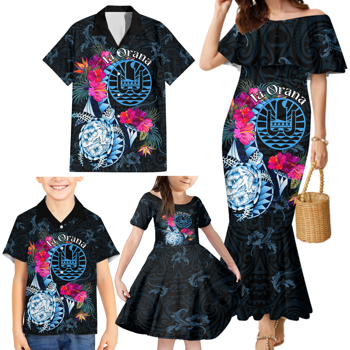 Tahiti Ia Orana Family Matching Mermaid Dress and Hawaiian Shirt Polynesian Turtle With Coat Of Arms LT05 - Polynesian Pride