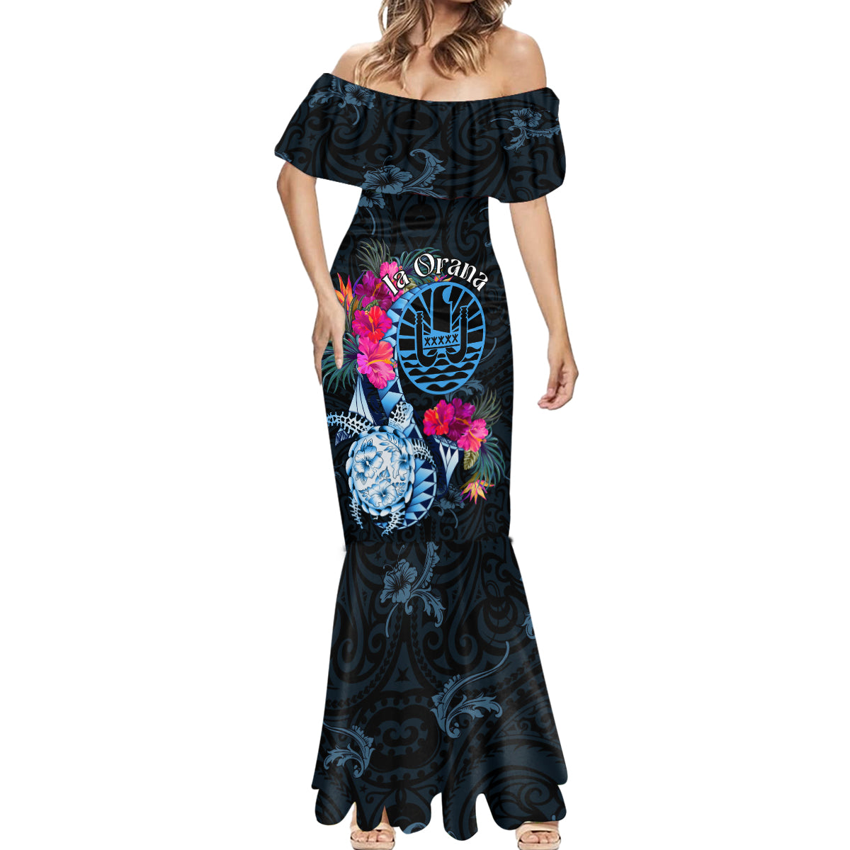 Tahiti Ia Orana Mermaid Dress Polynesian Turtle With Coat Of Arms LT05 - Polynesian Pride