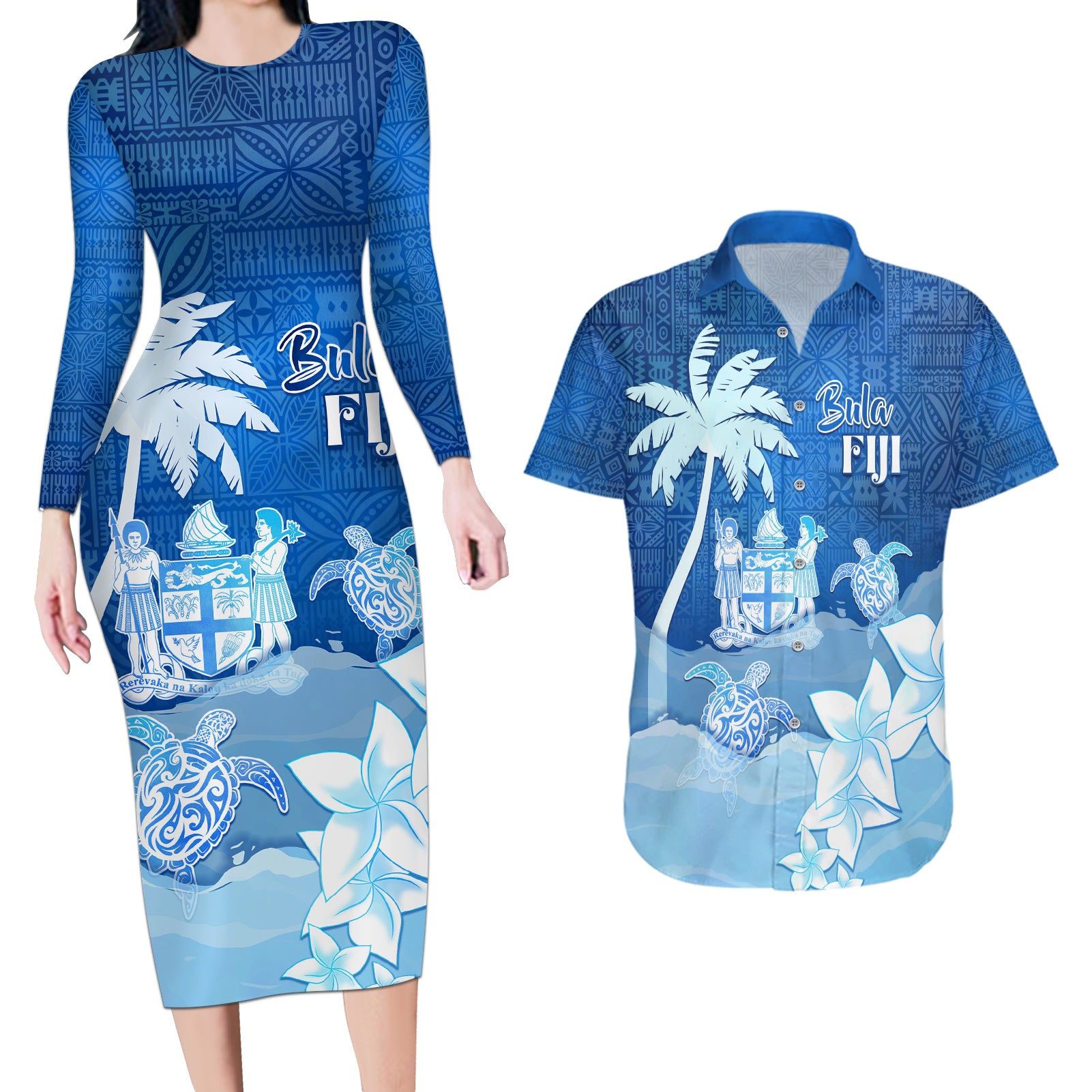 Personalised Bula Fiji Couples Matching Long Sleeve Bodycon Dress and Hawaiian Shirt Fijian Masi Pattern With Blue Coat Of Arms LT05 Blue - Polynesian Pride