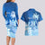 Personalised Bula Fiji Couples Matching Long Sleeve Bodycon Dress and Hawaiian Shirt Fijian Masi Pattern With Blue Coat Of Arms LT05 - Polynesian Pride