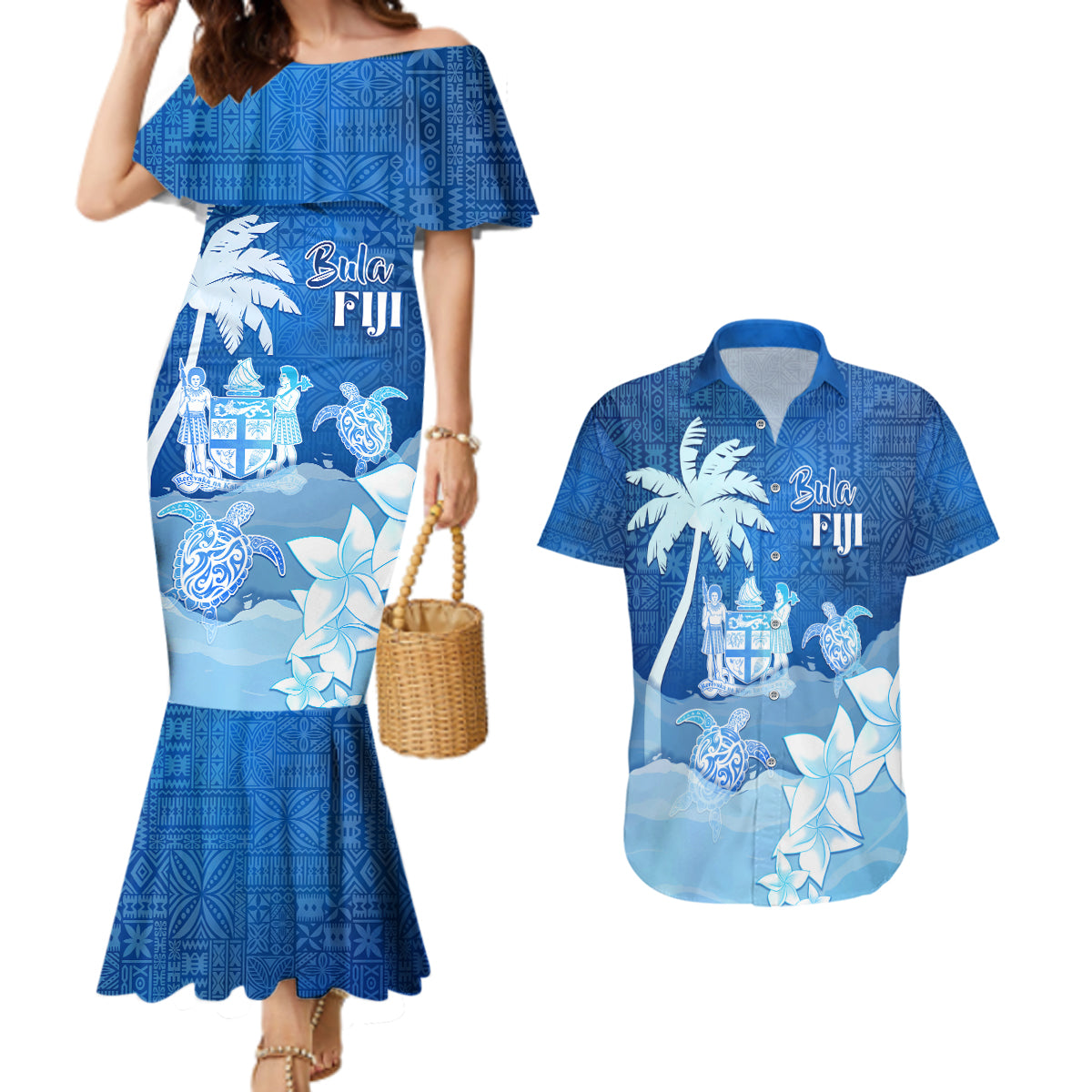 Personalised Bula Fiji Couples Matching Mermaid Dress and Hawaiian Shirt Fijian Masi Pattern With Blue Coat Of Arms LT05 Blue - Polynesian Pride