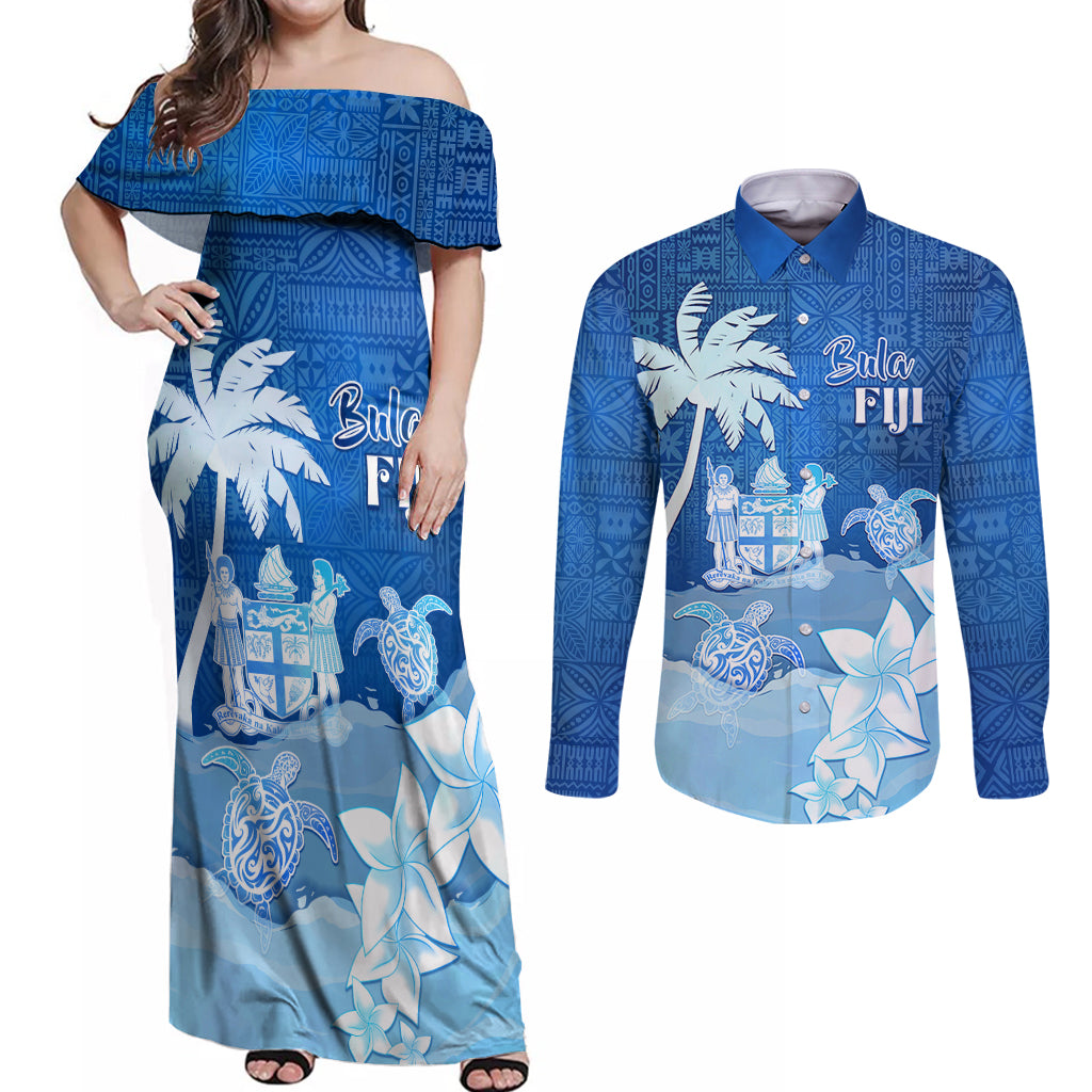 Personalised Bula Fiji Couples Matching Off Shoulder Maxi Dress and Long Sleeve Button Shirt Fijian Masi Pattern With Blue Coat Of Arms LT05 Blue - Polynesian Pride