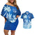 Personalised Bula Fiji Couples Matching Off Shoulder Short Dress and Hawaiian Shirt Fijian Masi Pattern With Blue Coat Of Arms LT05 Blue - Polynesian Pride