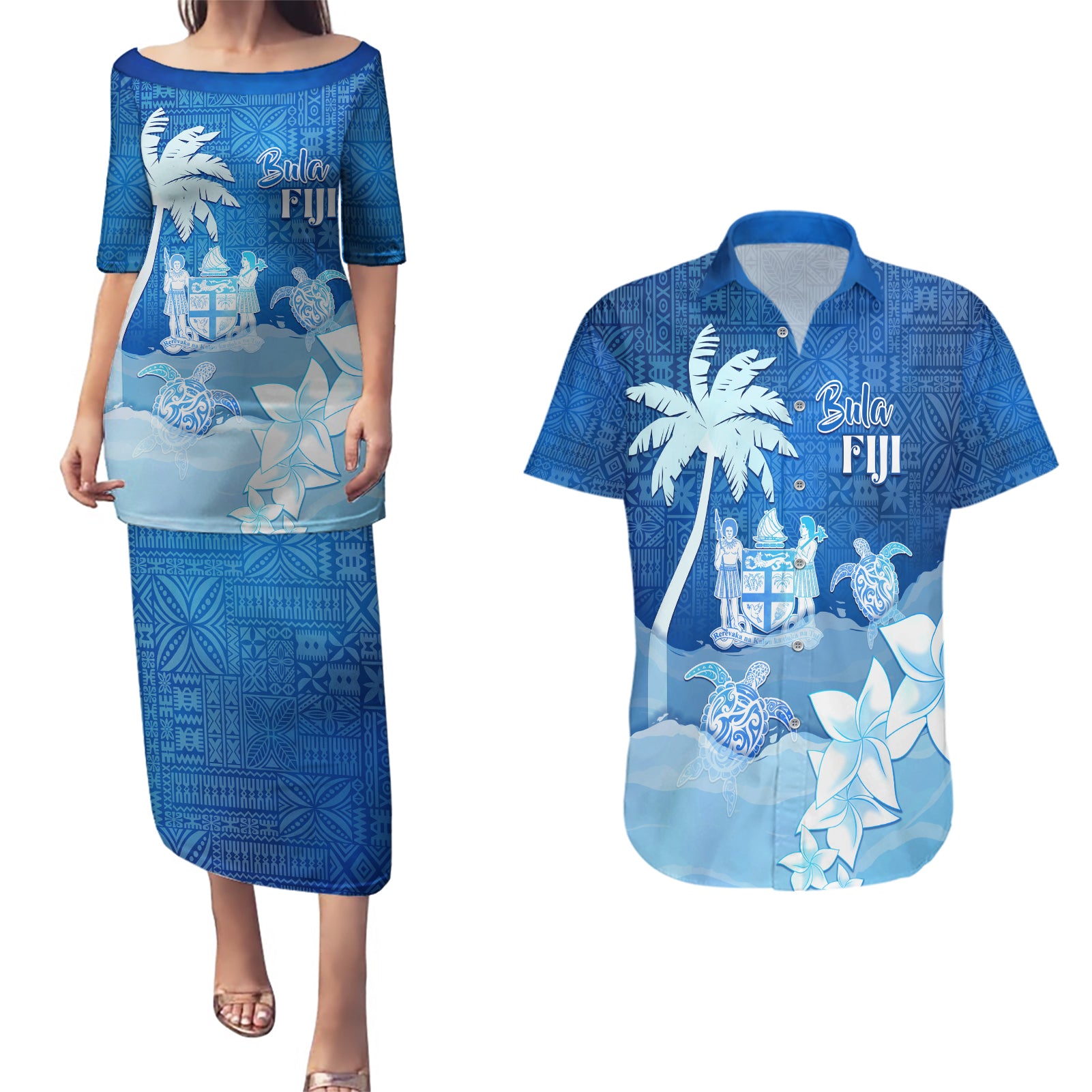 Personalised Bula Fiji Couples Matching Puletasi and Hawaiian Shirt Fijian Masi Pattern With Blue Coat Of Arms LT05 Blue - Polynesian Pride
