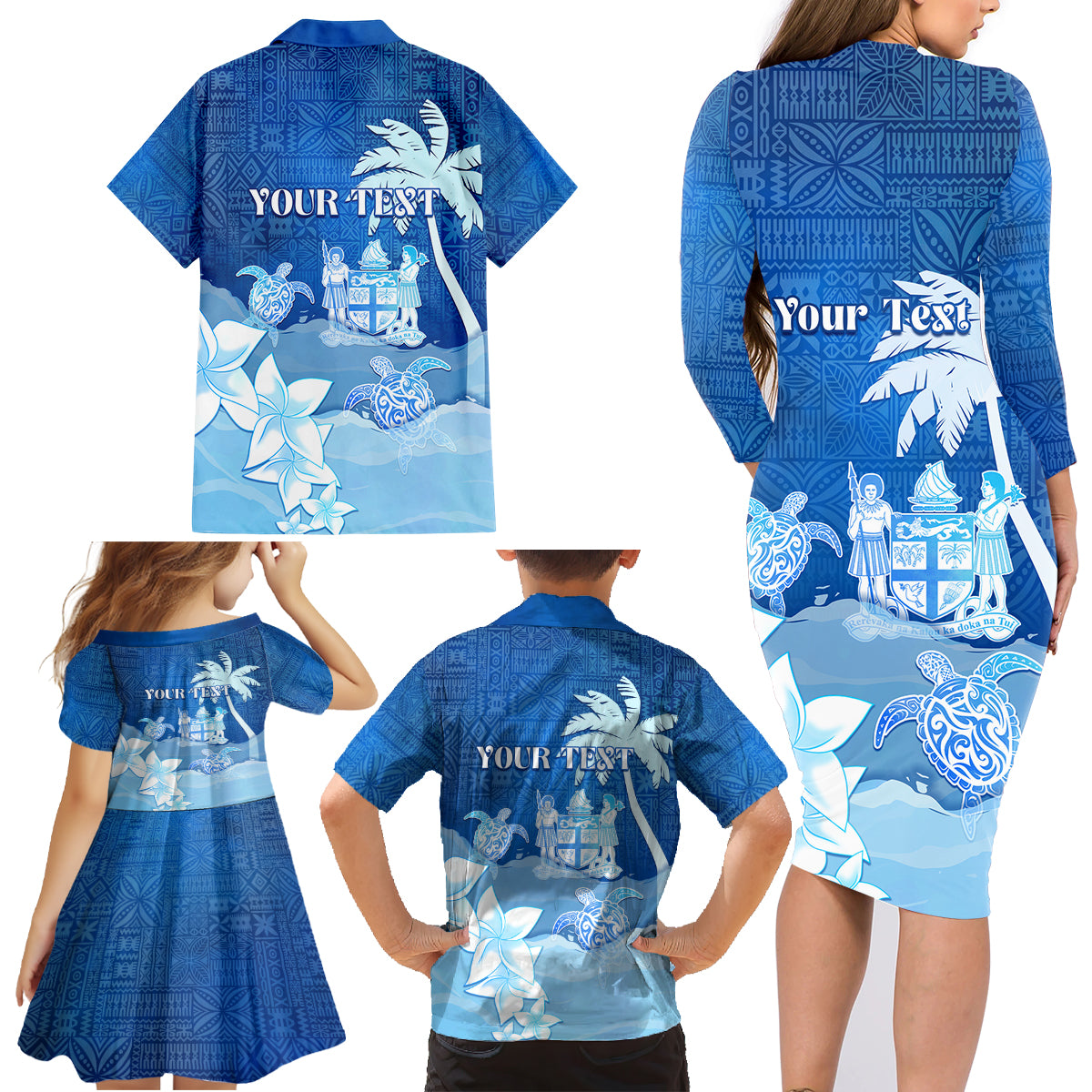 Personalised Bula Fiji Family Matching Long Sleeve Bodycon Dress and Hawaiian Shirt Fijian Masi Pattern With Blue Coat Of Arms LT05 - Polynesian Pride