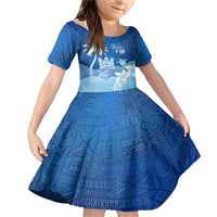 Personalised Bula Fiji Family Matching Mermaid Dress and Hawaiian Shirt Fijian Masi Pattern With Blue Coat Of Arms LT05 Daughter's Dress Blue - Polynesian Pride