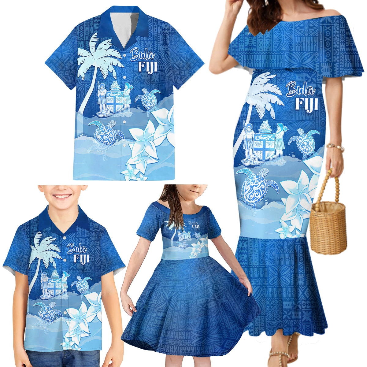 Personalised Bula Fiji Family Matching Mermaid Dress and Hawaiian Shirt Fijian Masi Pattern With Blue Coat Of Arms LT05 - Polynesian Pride