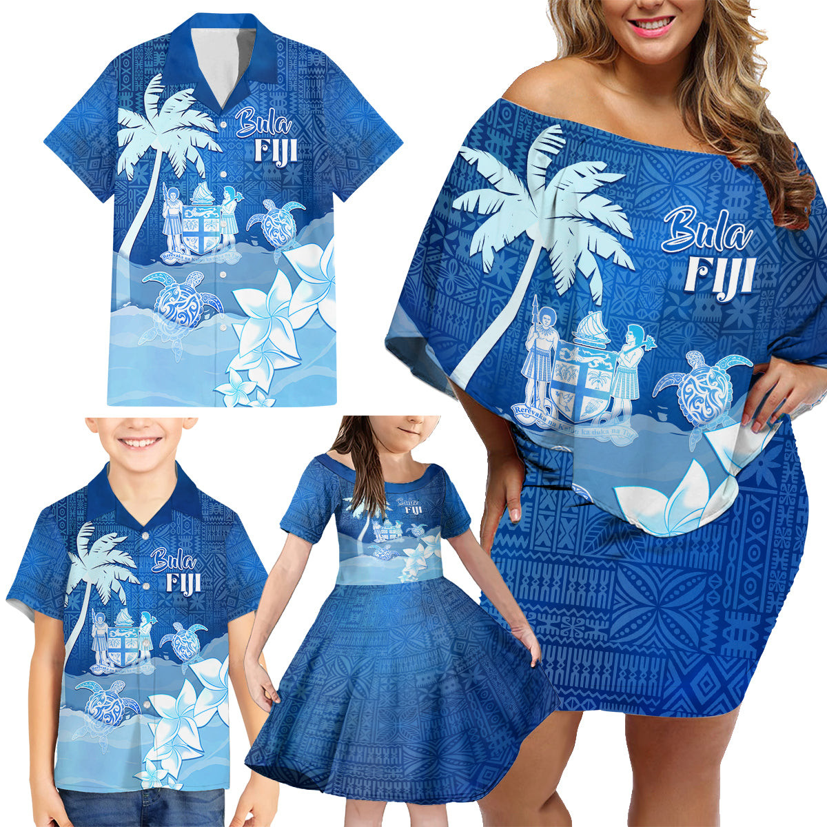 Personalised Bula Fiji Family Matching Off Shoulder Short Dress and Hawaiian Shirt Fijian Masi Pattern With Blue Coat Of Arms LT05 - Polynesian Pride