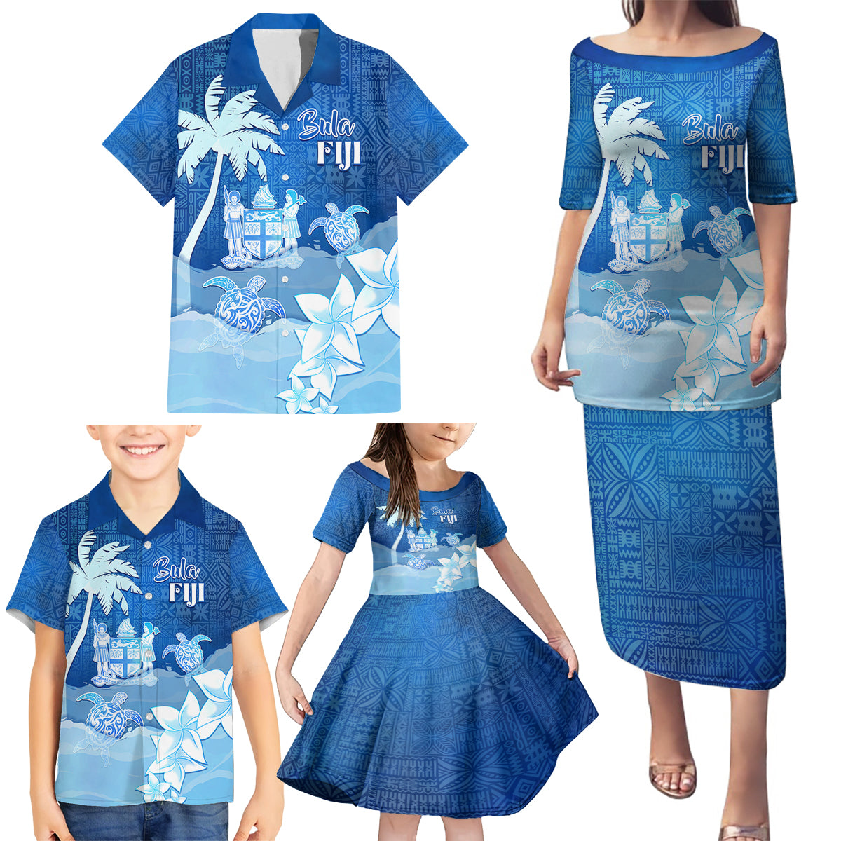 Personalised Bula Fiji Family Matching Puletasi and Hawaiian Shirt Fijian Masi Pattern With Blue Coat Of Arms LT05 - Polynesian Pride