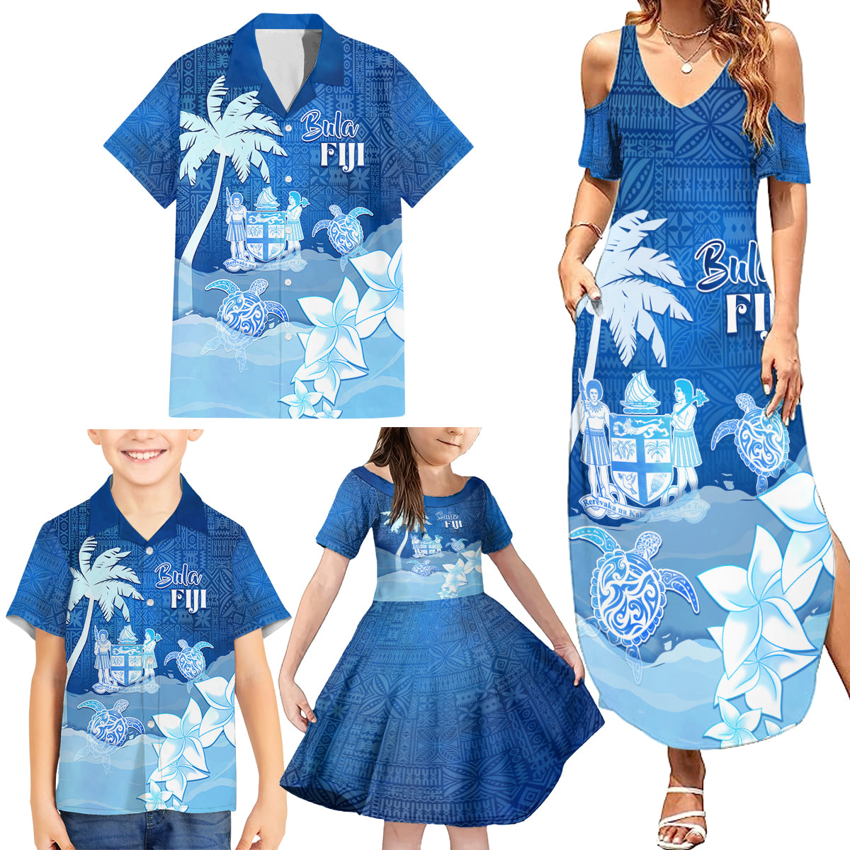 Personalised Bula Fiji Family Matching Summer Maxi Dress and Hawaiian Shirt Fijian Masi Pattern With Blue Coat Of Arms LT05 - Polynesian Pride