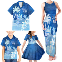 Personalised Bula Fiji Family Matching Tank Maxi Dress and Hawaiian Shirt Fijian Masi Pattern With Blue Coat Of Arms LT05 - Polynesian Pride