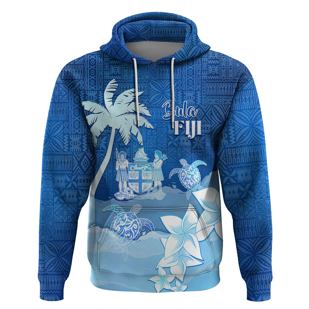 Personalised Bula Fiji Hoodie Fijian Masi Pattern With Blue Coat Of Arms LT05 Pullover Hoodie Blue - Polynesian Pride