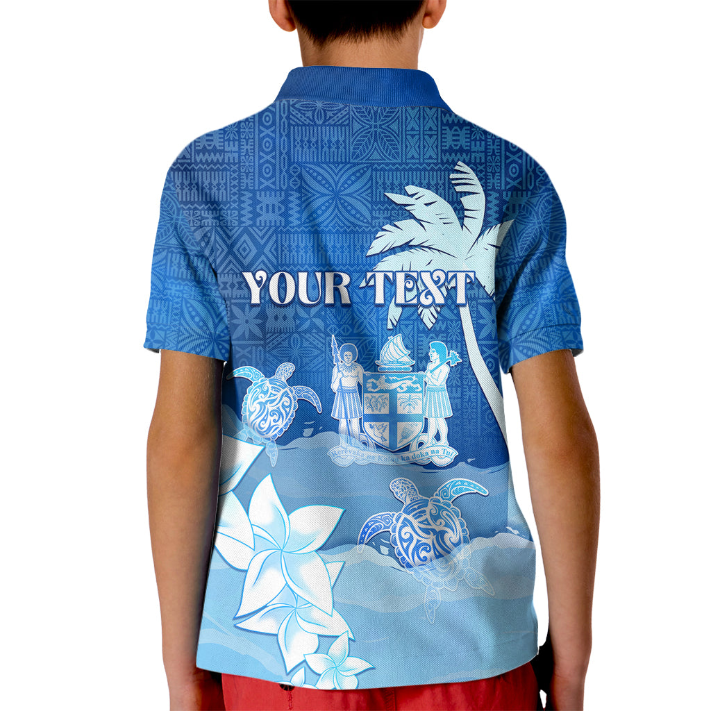 Personalised Bula Fiji Kid Polo Shirt Fijian Masi Pattern With Blue Coat Of Arms LT05 - Polynesian Pride