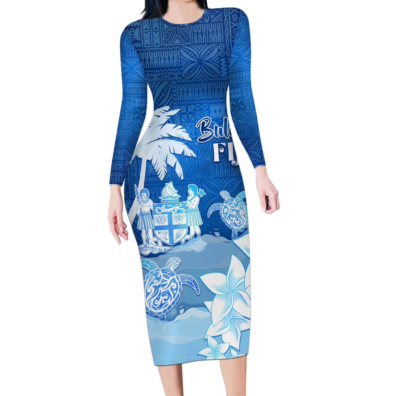 Personalised Bula Fiji Long Sleeve Bodycon Dress Fijian Masi Pattern With Blue Coat Of Arms LT05 Long Dress Blue - Polynesian Pride