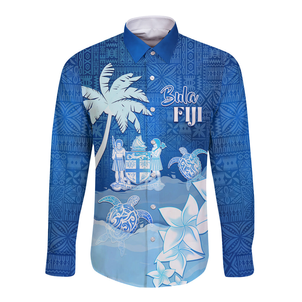 Personalised Bula Fiji Long Sleeve Button Shirt Fijian Masi Pattern With Blue Coat Of Arms LT05 Unisex Blue - Polynesian Pride
