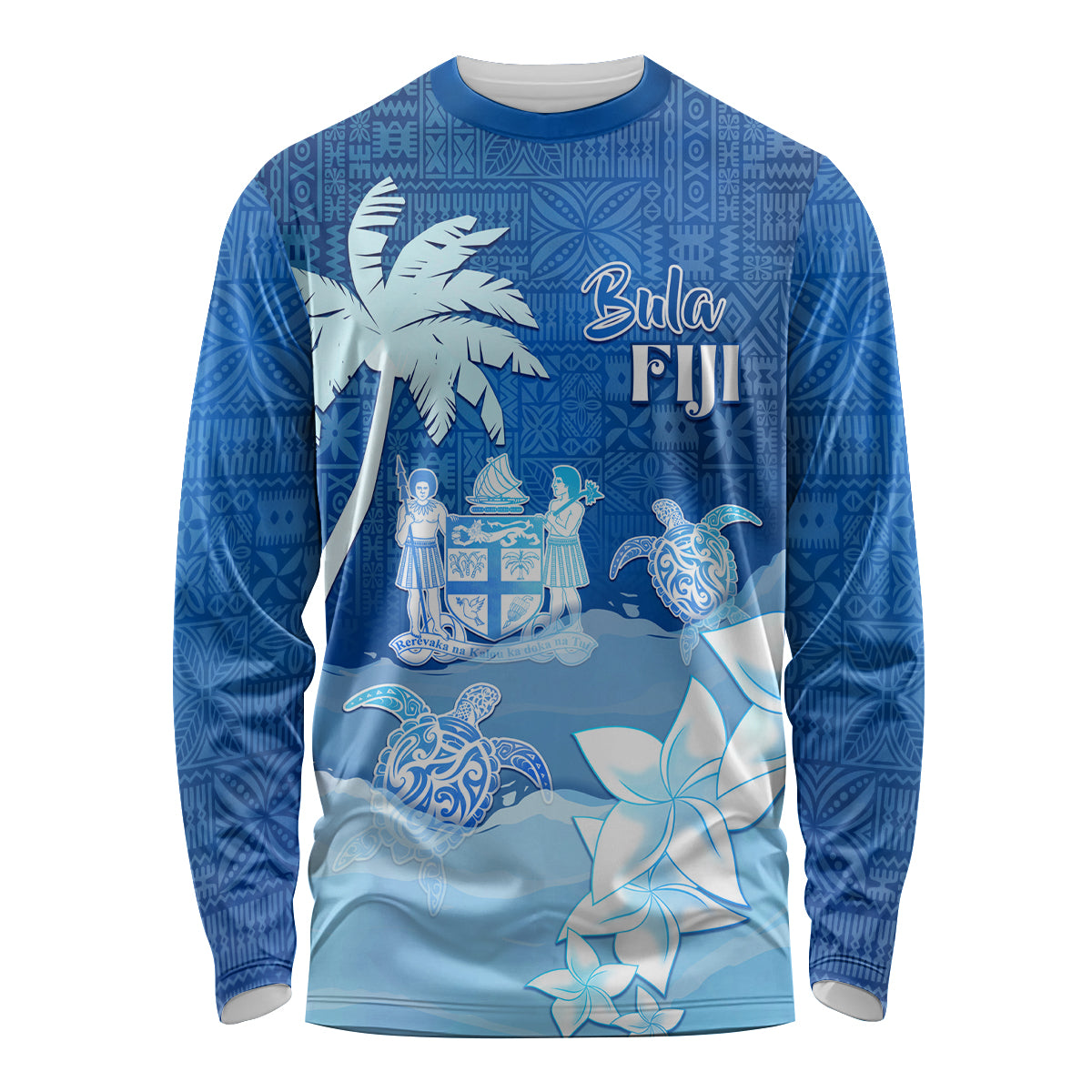 Personalised Bula Fiji Long Sleeve Shirt Fijian Masi Pattern With Blue Coat Of Arms LT05 Unisex Blue - Polynesian Pride