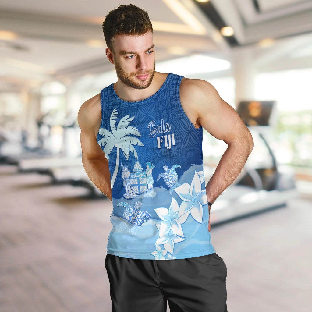 Personalised Bula Fiji Men Tank Top Fijian Masi Pattern With Blue Coat Of Arms LT05 Blue - Polynesian Pride