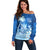 Personalised Bula Fiji Off Shoulder Sweater Fijian Masi Pattern With Blue Coat Of Arms LT05 Women Blue - Polynesian Pride