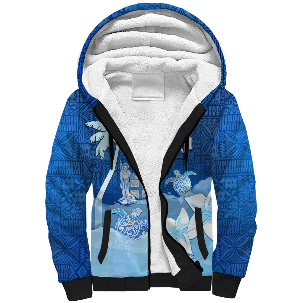 Personalised Bula Fiji Sherpa Hoodie Fijian Masi Pattern With Blue Coat Of Arms LT05 Unisex Blue - Polynesian Pride