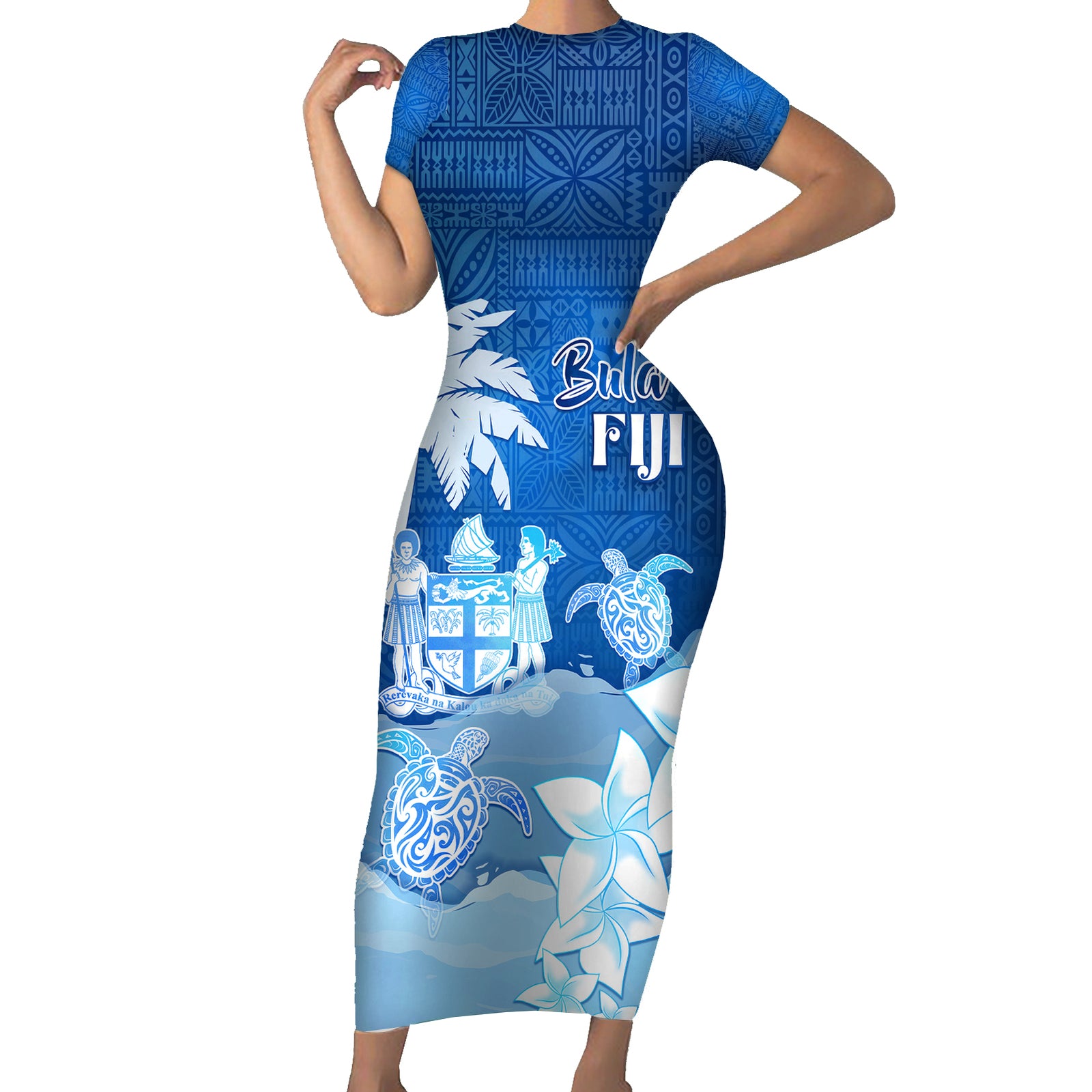 Personalised Bula Fiji Short Sleeve Bodycon Dress Fijian Masi Pattern With Blue Coat Of Arms LT05 Long Dress Blue - Polynesian Pride